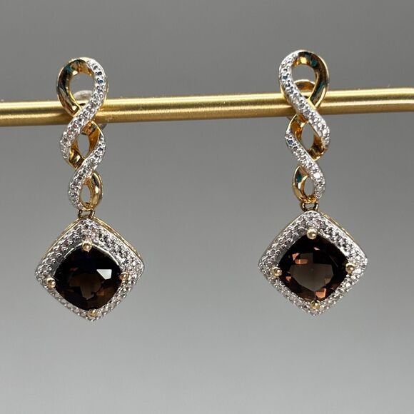 Sterling Silver 925 Smoky Quartz Dangle Earrings Gold Plated CZ Rhinestone Halo - Picture 3 of 11